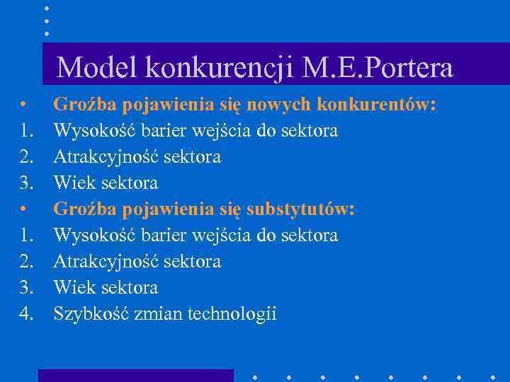 Model konkurencji M. E. Portera • 1. 2. 3. 4. Groźba pojawienia się nowych