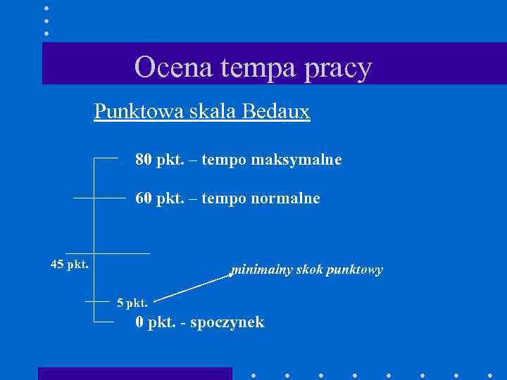 Ocena tempa pracy Punktowa skala Bedaux 80 pkt. – tempo maksymalne 60 pkt. –