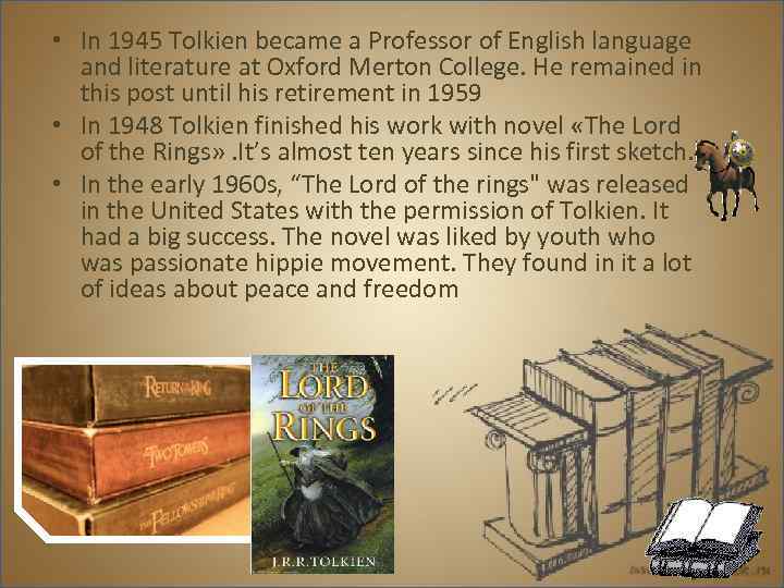  • In 1945 Tolkien became a Professor of English language and literature at