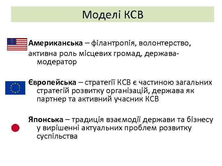 Моделі КСВ Американська – філантропія, волонтерство, активна роль місцевих громад, державамодератор Європейська – стратегії