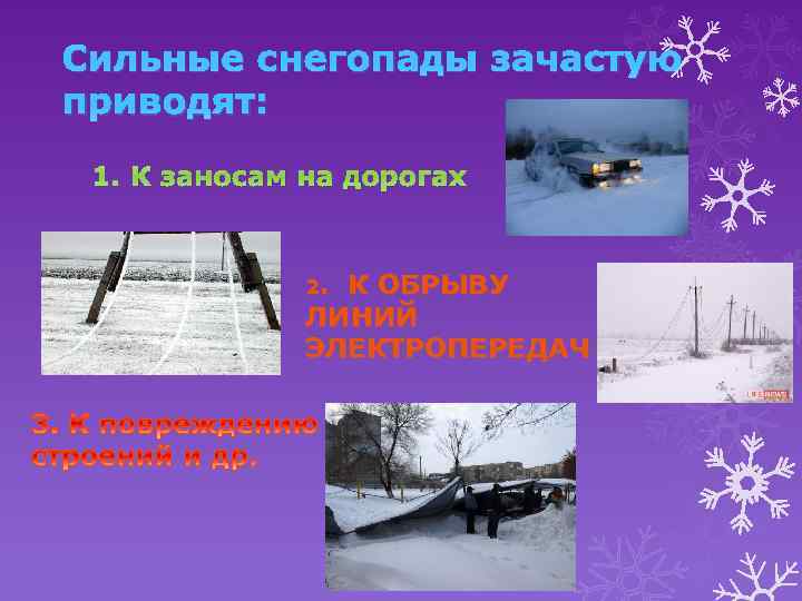 Сильные снегопады зачастую приводят: 1. К заносам на дорогах 2. К ОБРЫВУ ЛИНИЙ ЭЛЕКТРОПЕРЕДАЧ