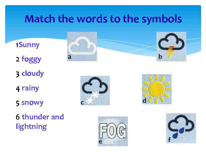 Match the words to the symbols 1 Sunny 2 foggy a b 3 cloudy