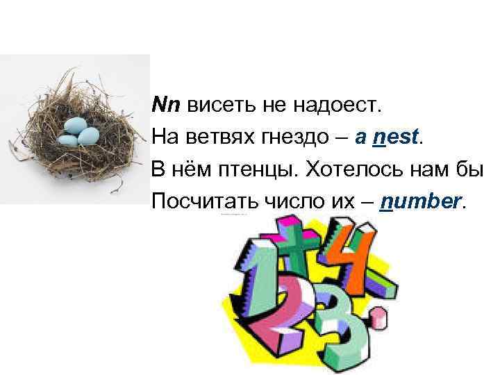 Nn висеть не надоест. На ветвях гнездо – a nest. В нём птенцы. Хотелось