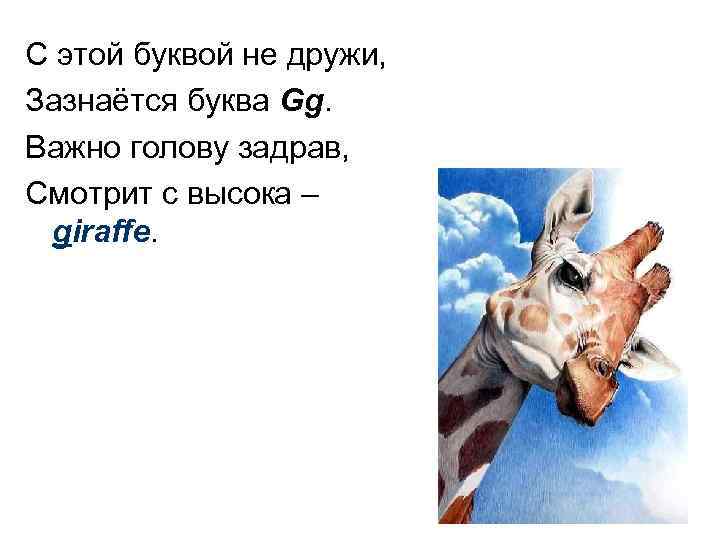 С этой буквой не дружи, Зазнаётся буква Gg. Важно голову задрав, Смотрит с высока