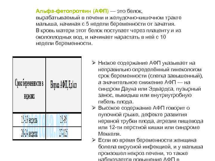 Альфа-фетопротеин (АФП) — это белок, вырабатываемый в печени и желудочно-кишечном тракте малыша, начиная с