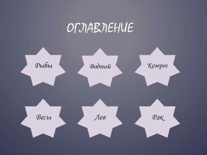 ОГЛАВЛЕНИЕ Рыбы Водолей Козерог Весы Лев Рак 
