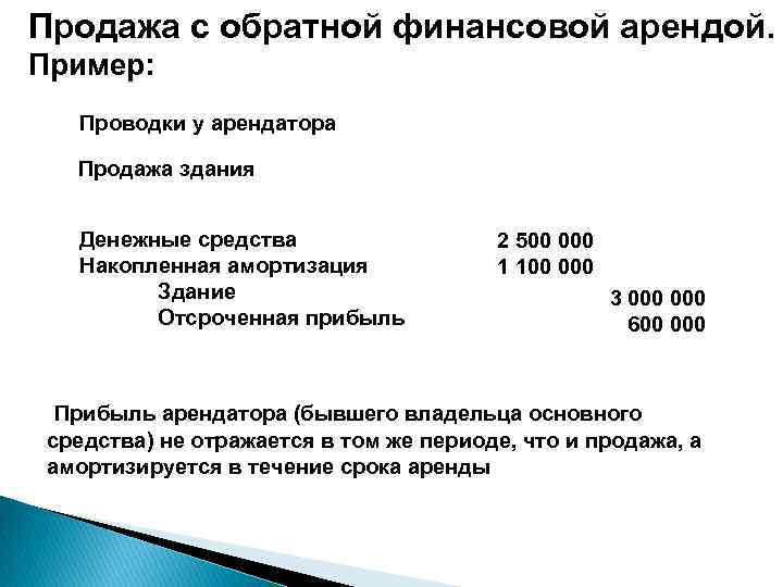 Продажа с обратной финансовой арендой. Пример: Проводки у арендатора Продажа здания Денежные средства Накопленная