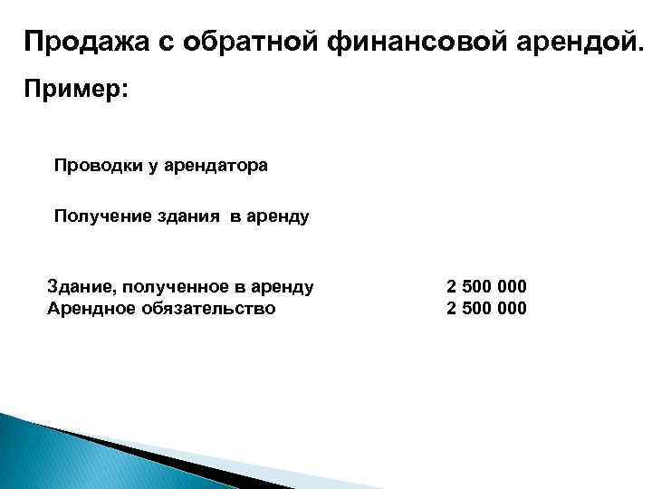 Продажа с обратной финансовой арендой. Пример: Проводки у арендатора Получение здания в аренду Здание,