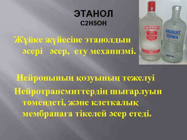 ЭТАНОЛ С 2 Н 5 ОН Жұйке жүйесіне этанолдын әсері әсер, ету механизмі. Нейронының