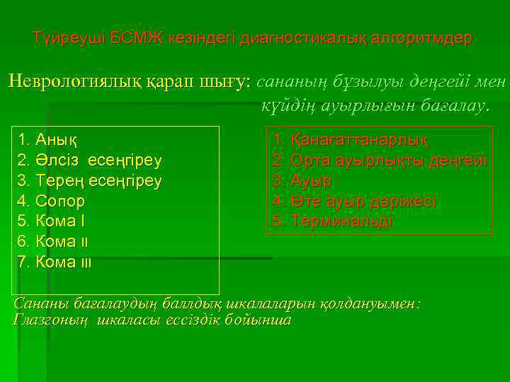 Түйреуші БСМЖ кезіндегі диагностикалық алгоритмдер Неврологиялық қарап шығу: сананың бұзылуы деңгейі мен күйдің ауырлығын