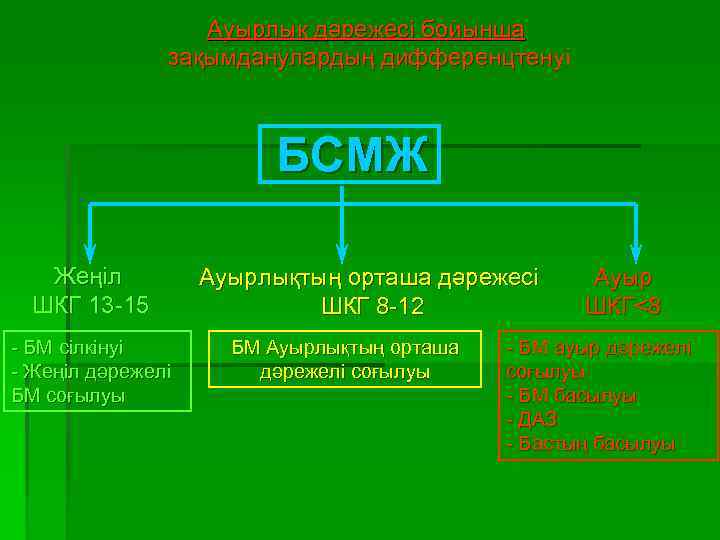 Ауырлық дәрежесі бойынша зақымданулардың дифференцтенуі БСМЖ Жеңіл ШКГ 13 -15 - БМ сілкінуі -