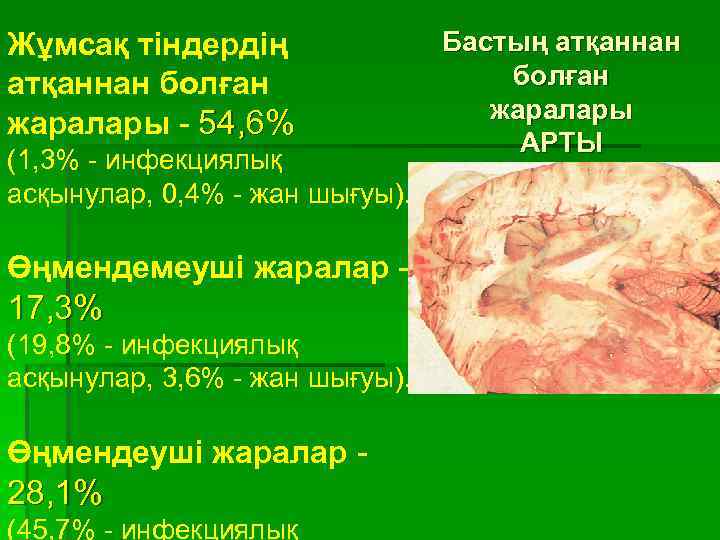 Жұмсақ тіндердің атқаннан болған жаралары - 54, 6% (1, 3% - инфекциялық асқынулар, 0,