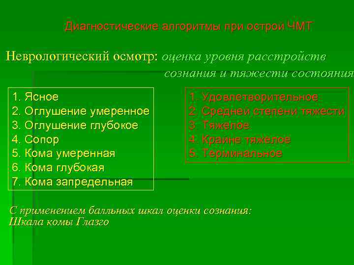 Диагностические алгоритмы при острой ЧМТ Неврологический осмотр: оценка уровня расстройств сознания и тяжести состояния