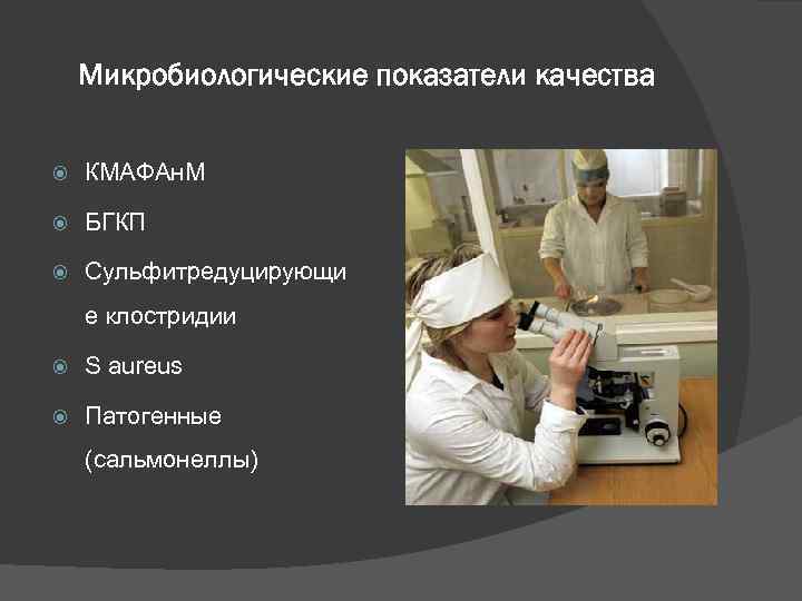 Микробиологические показатели качества КМАФАн. М БГКП Сульфитредуцирующи е клостридии S aureus Патогенные (сальмонеллы) 