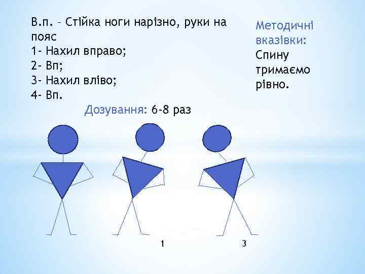 В. п. – Стійка ноги нарізно, руки на пояс 1 - Нахил вправо; 2