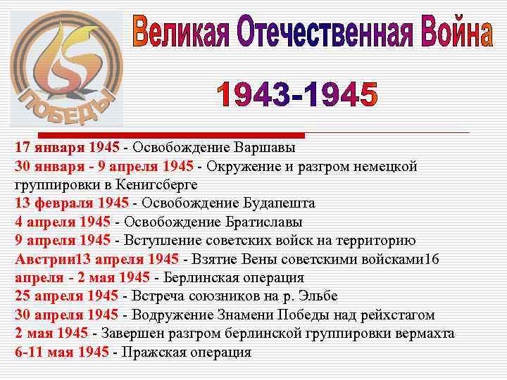 17 января 1945 - Освобождение Варшавы 30 января - 9 апреля 1945 - Окружение