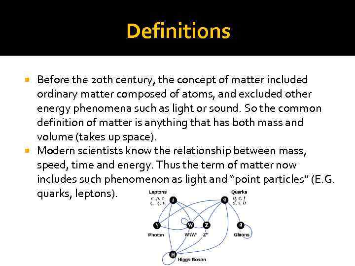 Definitions Before the 20 th century, the concept of matter included ordinary matter composed