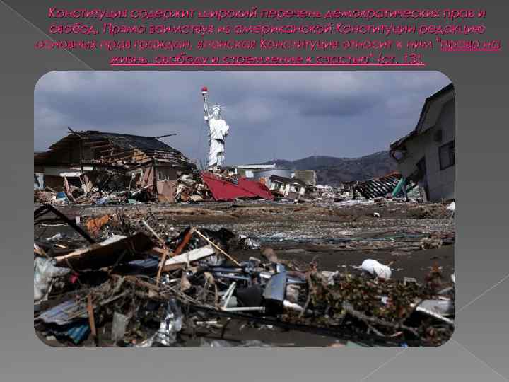 Конституция содержит широкий перечень демократических прав и свобод. Прямо заимствуя из американской Конституции редакцию