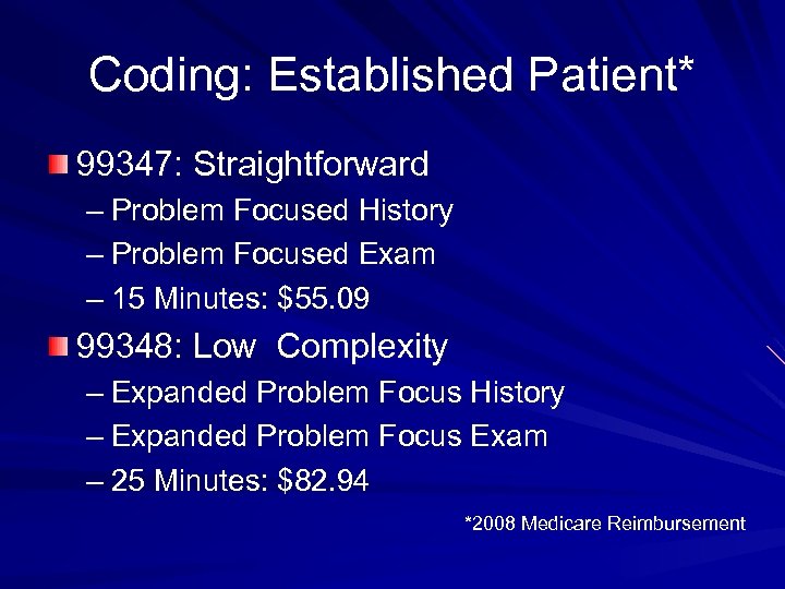 Coding: Established Patient* 99347: Straightforward – Problem Focused History – Problem Focused Exam –