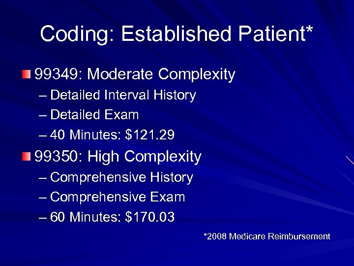 Coding: Established Patient* 99349: Moderate Complexity – Detailed Interval History – Detailed Exam –