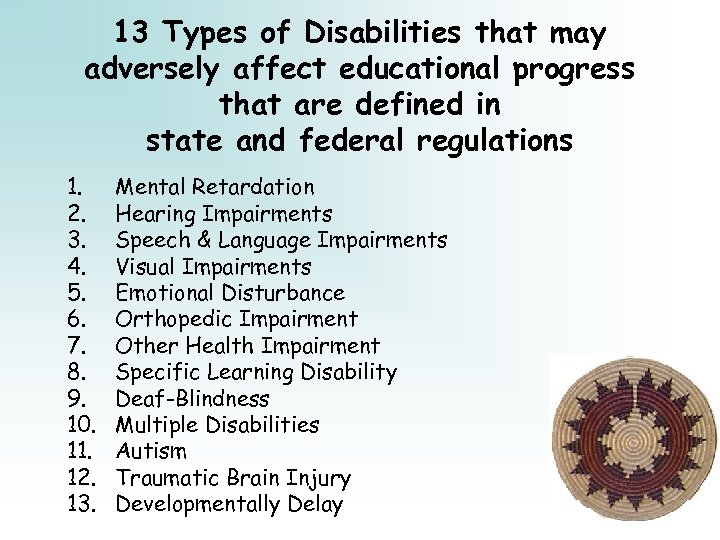 13 Types of Disabilities that may adversely affect educational progress that are defined in