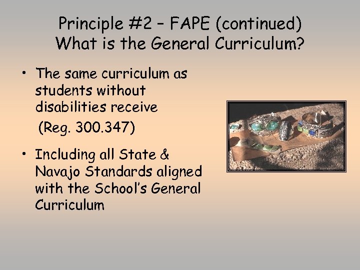 Principle #2 – FAPE (continued) What is the General Curriculum? • The same curriculum