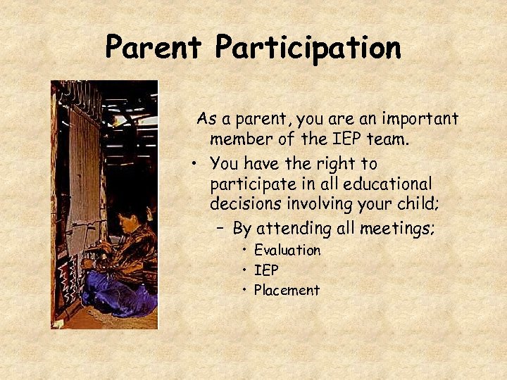 Parent Participation As a parent, you are an important member of the IEP team.