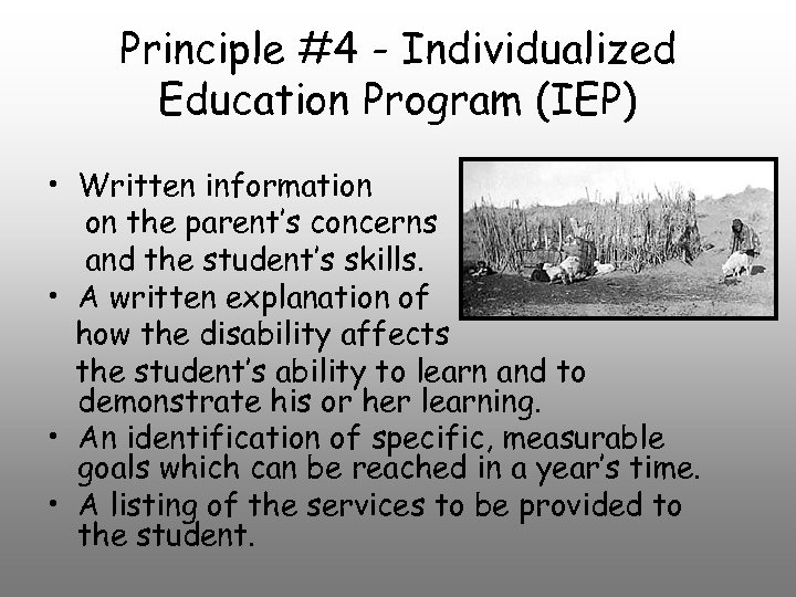 Principle #4 - Individualized Education Program (IEP) • Written information on the parent’s concerns