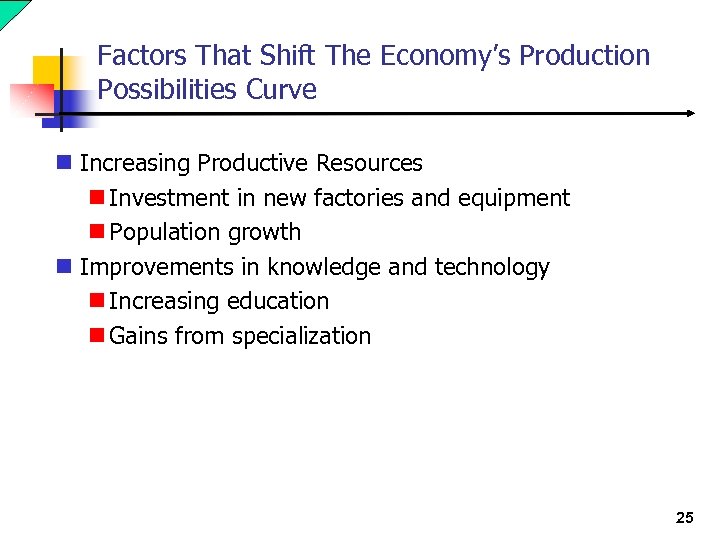 Factors That Shift The Economy’s Production Possibilities Curve n Increasing Productive Resources n Investment