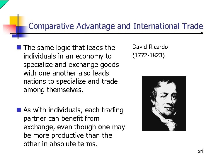 Comparative Advantage and International Trade n The same logic that leads the individuals in