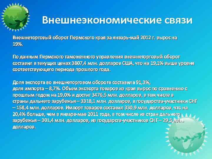 Внешнеэкономические связи Внешнеторговый оборот Пермского края за январь-май 2012 г. вырос на 19%. По