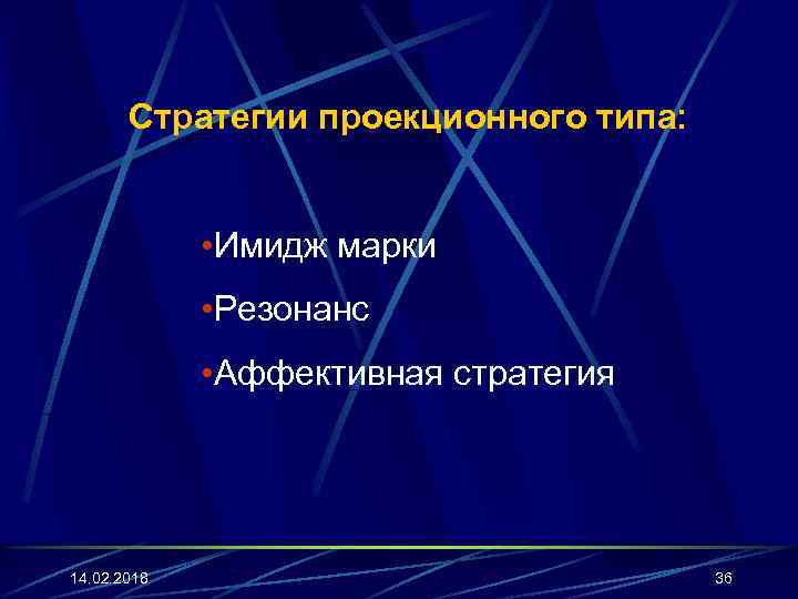 Стратегии проекционного типа: • Имидж марки • Резонанс • Аффективная стратегия 14. 02. 2018