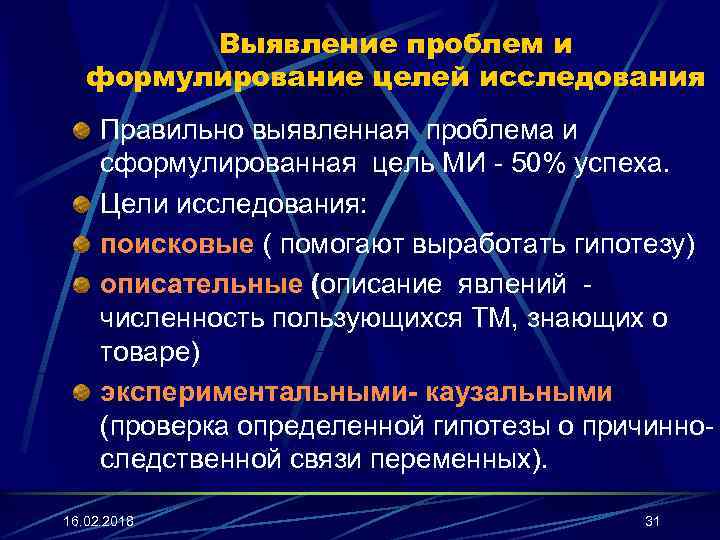 Выявление проблем и формулирование целей исследования Правильно выявленная проблема и сформулированная цель МИ -