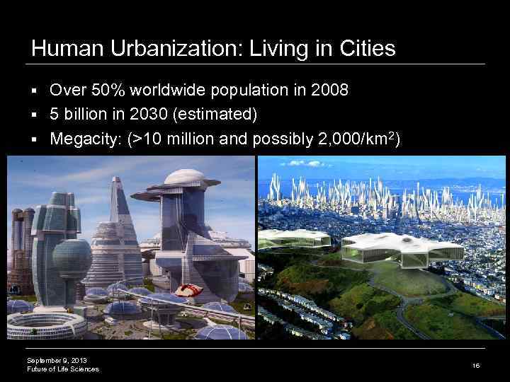Human Urbanization: Living in Cities Over 50% worldwide population in 2008 § 5 billion