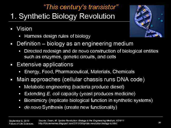 “This century’s transistor” 1. Synthetic Biology Revolution § Vision § § Definition – biology