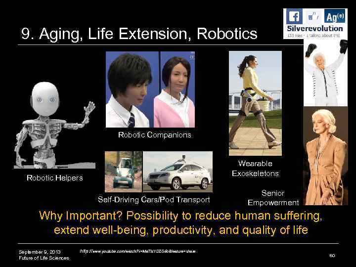 9. Aging, Life Extension, Robotics Robotic Companions Wearable Exoskeletons Robotic Helpers Self-Driving Cars/Pod Transport