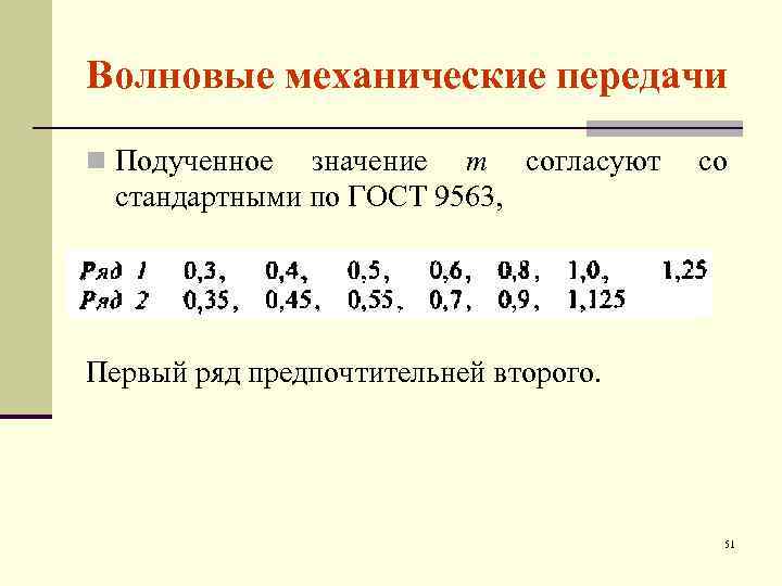 Волновые механические передачи n Подученное значение m согласуют стандартными по ГОСТ 9563, со Первый