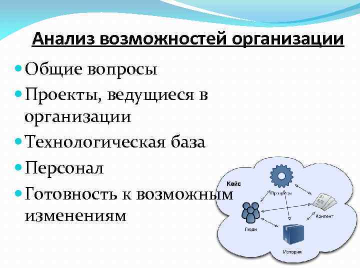 Анализ возможностей организации Общие вопросы Проекты, ведущиеся в организации Технологическая база Персонал Готовность к