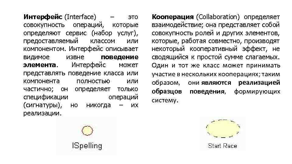 Интерфейс (Interface) – это совокупность операций, которые определяют сервис (набор услуг), предоставляемый классом или