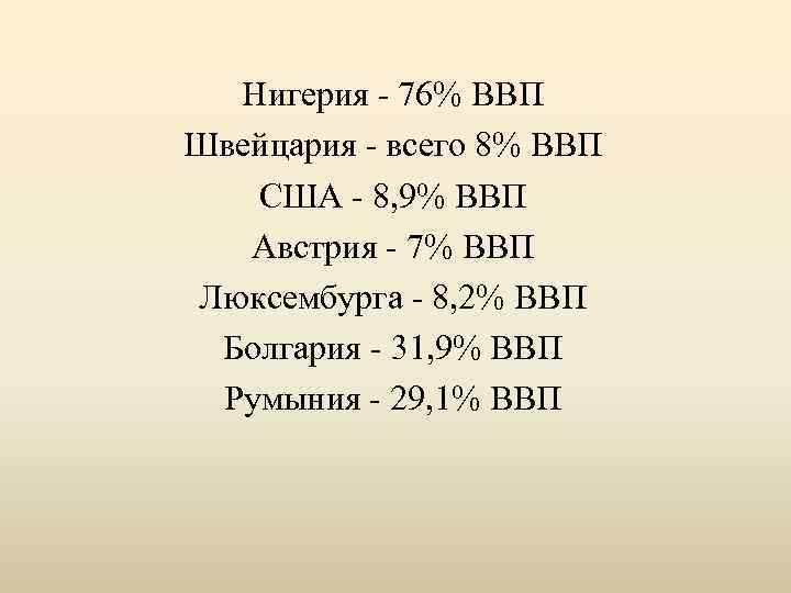 Нигерия - 76% ВВП Швейцария - всего 8% ВВП США - 8, 9% ВВП