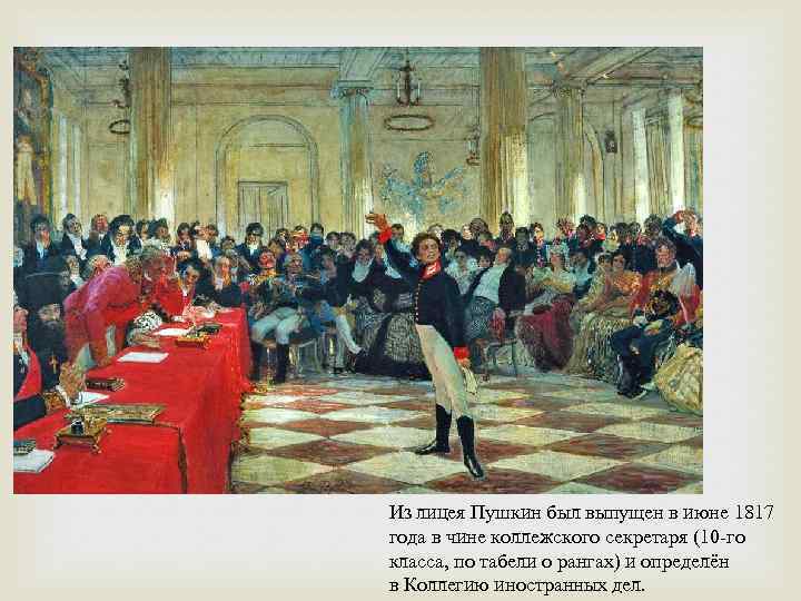  Из лицея Пушкин был выпущен в июне 1817 года в чине коллежского секретаря