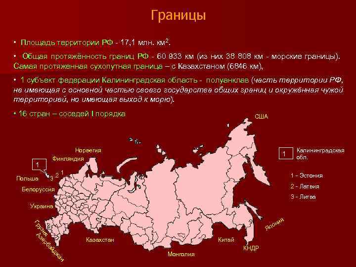 Границы • Площадь территории РФ - 17, 1 млн. км 2. • Общая протяжённость