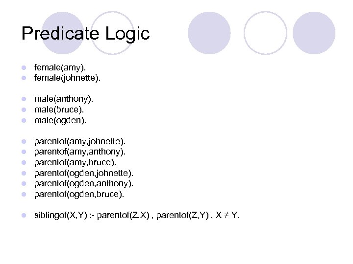 Predicate Logic l l female(amy). female(johnette). l l l male(anthony). male(bruce). male(ogden). l l