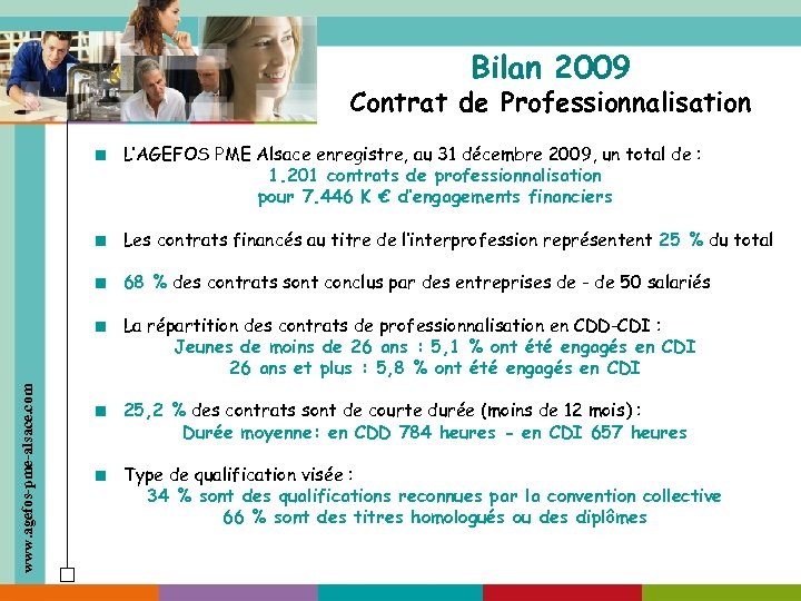 Bilan 2009 Contrat de Professionnalisation L’AGEFOS PME Alsace enregistre, au 31 décembre 2009, un