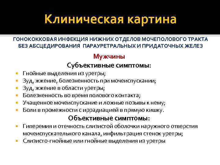Клиническая картина ГОНОКОККОВАЯ ИНФЕКЦИЯ НИЖНИХ ОТДЕЛОВ МОЧЕПОЛОВОГО ТРАКТА БЕЗ АБСЦЕДИРОВАНИЯ ПАРАУРЕТРАЛЬНЫХ И ПРИДАТОЧНЫХ ЖЕЛЕЗ