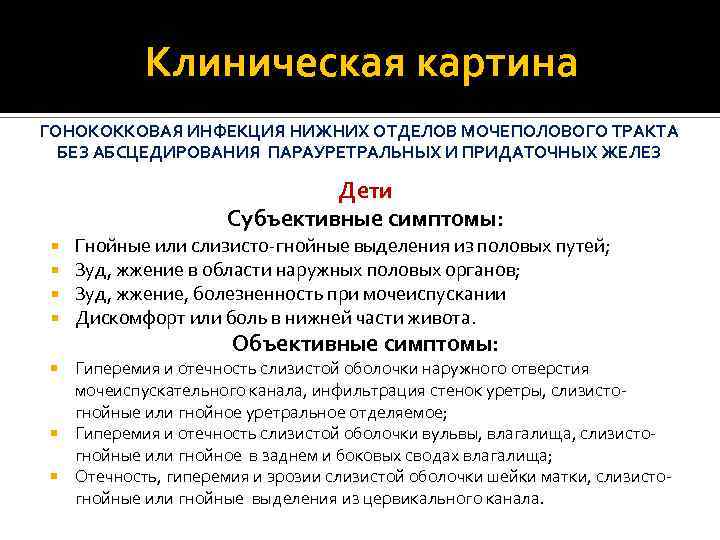 Клиническая картина ГОНОКОККОВАЯ ИНФЕКЦИЯ НИЖНИХ ОТДЕЛОВ МОЧЕПОЛОВОГО ТРАКТА БЕЗ АБСЦЕДИРОВАНИЯ ПАРАУРЕТРАЛЬНЫХ И ПРИДАТОЧНЫХ ЖЕЛЕЗ