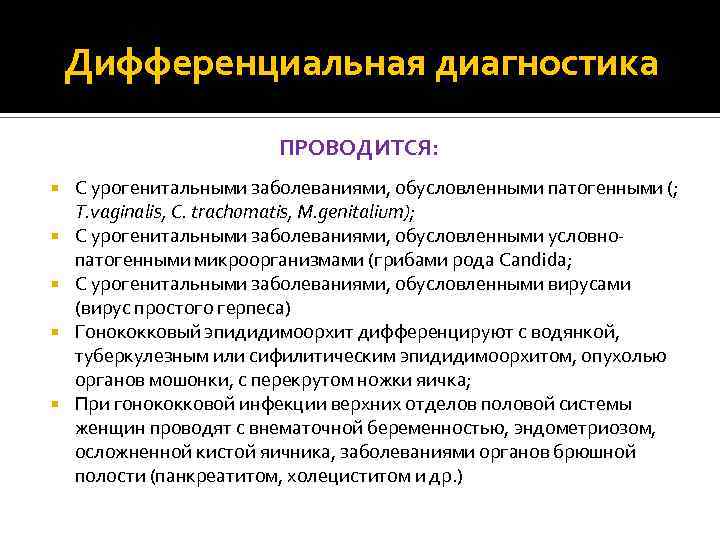 Дифференциальная диагностика ПРОВОДИТСЯ: С урогенитальными заболеваниями, обусловленными патогенными (; Т. vaginalis, C. trachomatis, M.