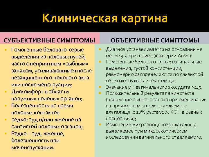 Клиническая картина СУБЪЕКТИВНЫЕ СИМПТОМЫ Гомогенные беловато-серые выделения из половых путей, часто с неприятным «рыбным»