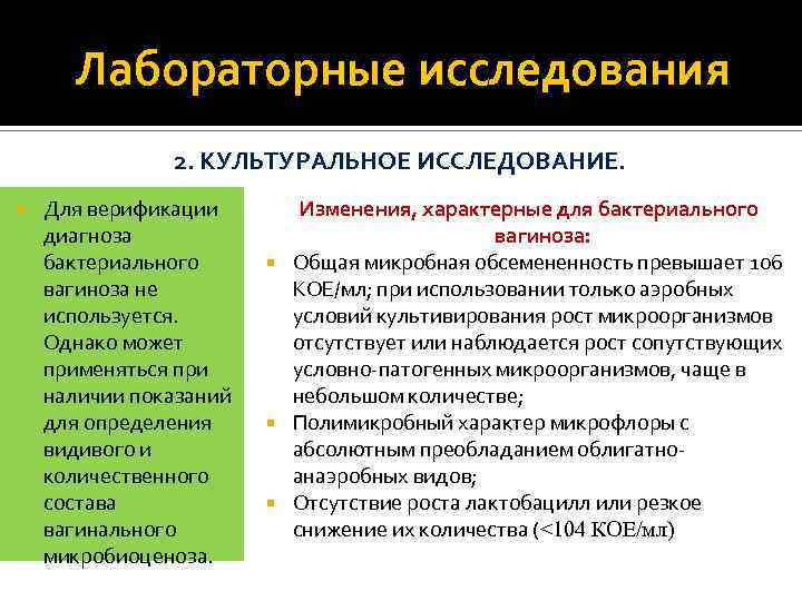 Лабораторные исследования 2. КУЛЬТУРАЛЬНОЕ ИССЛЕДОВАНИЕ. Для верификации диагноза бактериального вагиноза не используется. Однако может