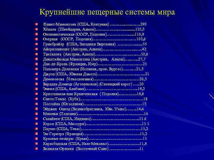 Крупнейшие пещерные системы мира Флинт-Мамонтова (США, Кентукки) ………. 290 Хёллох (Швейцария, Альпы)……………. …. .